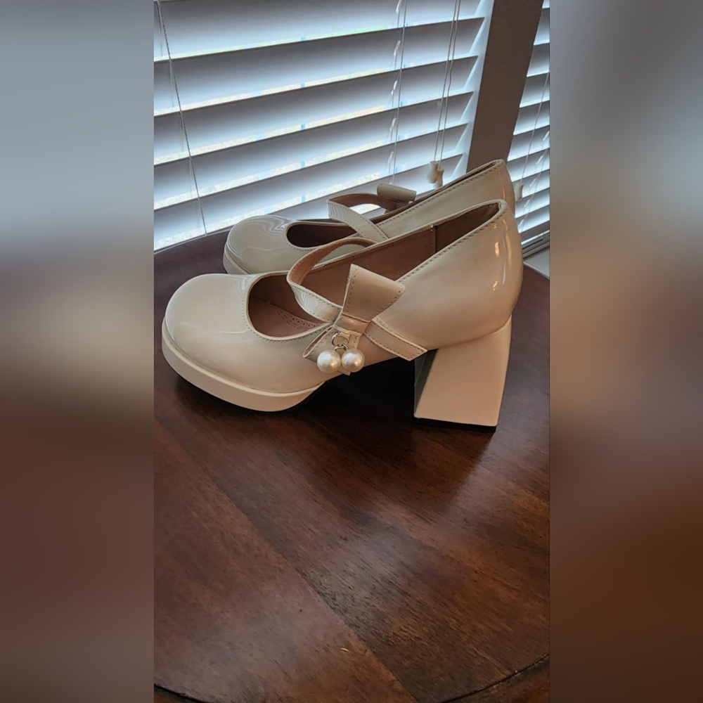 Cream Mary Jane Block Heels 6.5